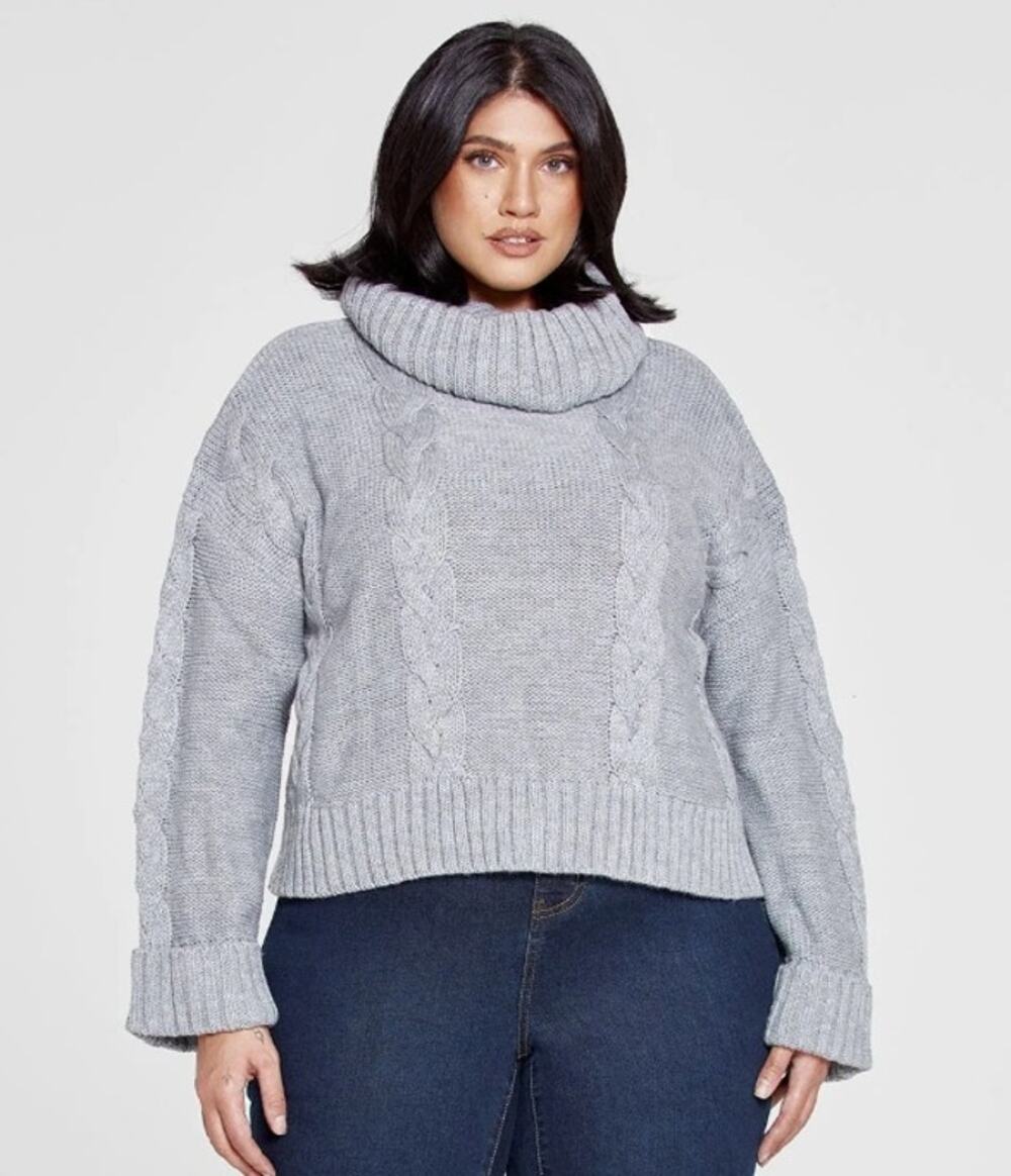 Fashion to Figure Liana Cableknit Sweater Womens Size 2X Gray Cowl Neck Knit